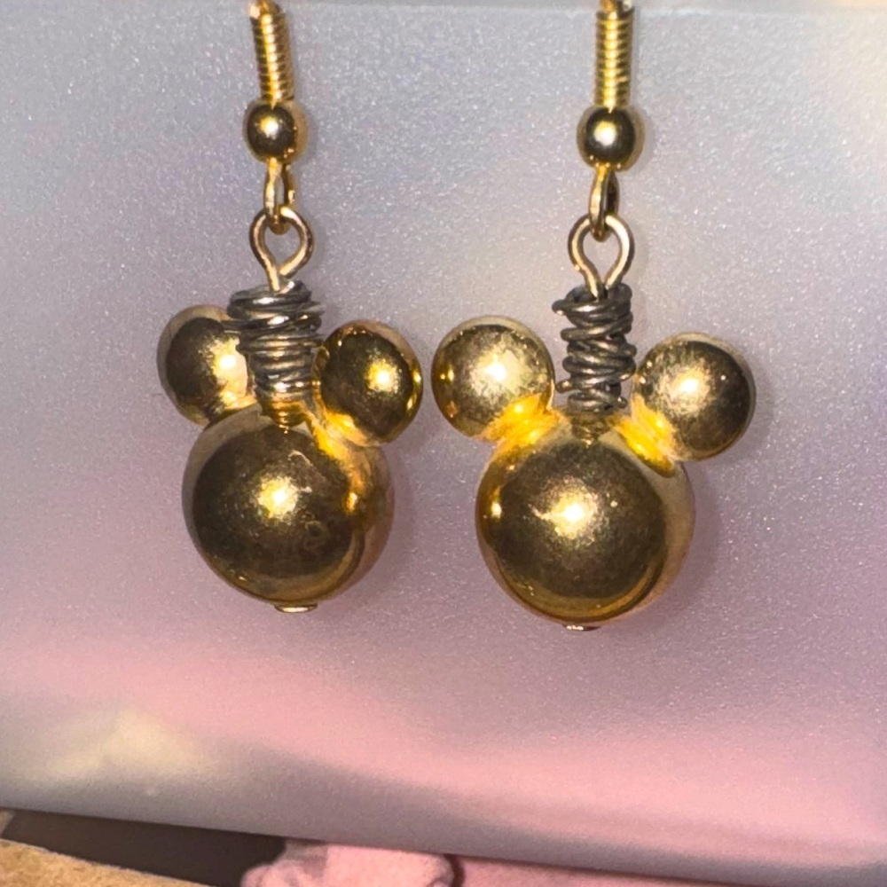 VINTAGE GOLD BEAD MICKEY MOUSE DANGLE EARRINGS